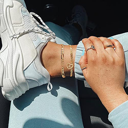 Initial Ankle Bracelets for Women 2pcs 18K Gold Plated Handmade Layered Letter Heart Figaro Chain Flat Mariner Anklets for Women Cute Summer Beach Foot Jewelry - style: Gold-S