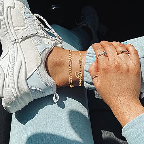 Initial Ankle Bracelets for Women 2pcs 18K Gold Plated Handmade Layered Letter Heart Figaro Chain Flat Mariner Anklets for Women Cute Summer Beach Foot Jewelry - style: Gold-W