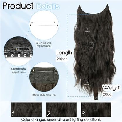 Dark Brown Halo Hair Extensions 20 Inch Synthetic Hair for Women | Wavy Texture with Invisible Wire and 4 Secure Clips for Easy Daily Styling Party Wear and Added Length - color: Dark Brown
