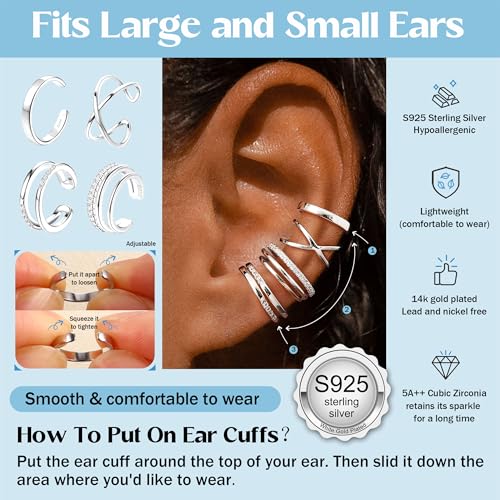 JeryWe 4 Pcs 925 Sterling Silver Ear Cuff for Women Non Piercing Adjustable Ear Cuff Earrings Clip On Cartilage Helix Wrap Ear Jewelry Set - color: Silver Plated