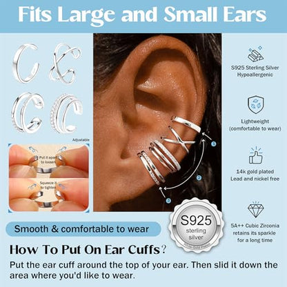 JeryWe 4 Pcs 925 Sterling Silver Ear Cuff for Women Non Piercing Adjustable Ear Cuff Earrings Clip On Cartilage Helix Wrap Ear Jewelry Set - color: Silver Plated