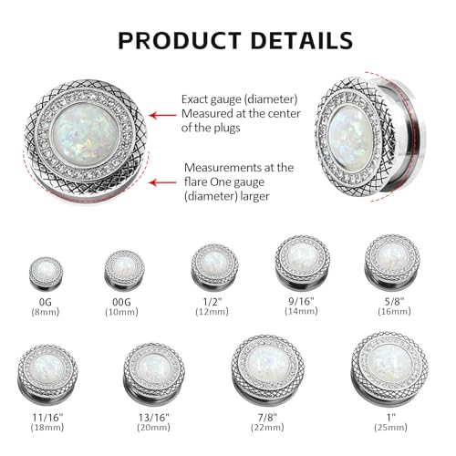 Qmcandy 2pcs 2G-1 inch Stainless Steel Mother of Pearl or Opal Screw Ear Plugs Gauges Piercing - color: A White Opal 7/8"(22mm)