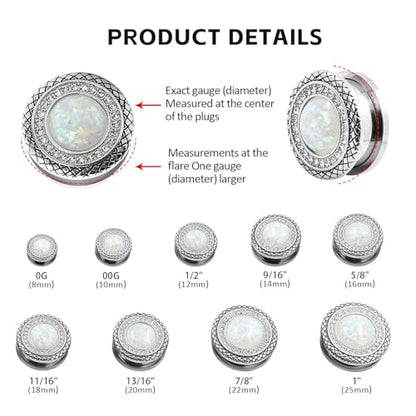 Qmcandy 2pcs 2G-1 inch Stainless Steel Mother of Pearl or Opal Screw Ear Plugs Gauges Piercing - color: A White Opal 7/8"(22mm)
