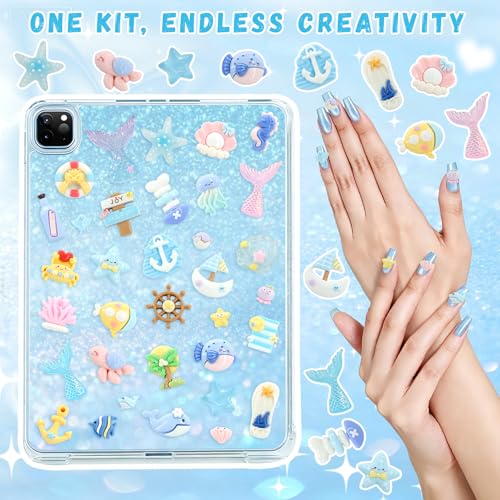 RidaaFri Junk Case Charms Kit, Blue Ocean Beach Themed 3D Flatback Charm | Large Charms with Pearls Sequins Cute Starfish Turtles Mermaids Charms for DIY Craft Accessories Personalization - color: Blue