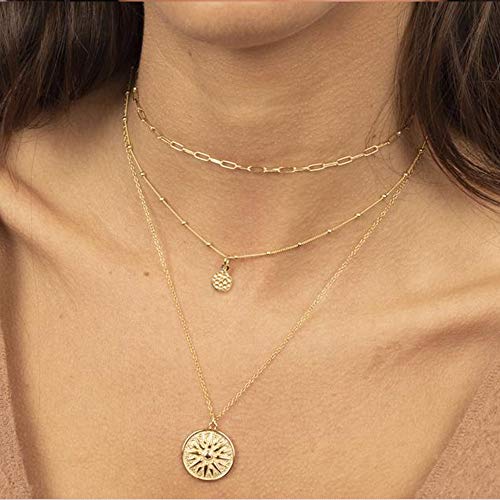 Turandoss Gold Layered Necklaces for Women - 14K Gold Plated Handmade Multilayer Bar Pearls Coin Disc Moon Butterfly Medallion Adjustable Dainty Layered Choker Necklaces for Women Jewelry - style: 3PCS - Chain&Hammered Disc&Sun