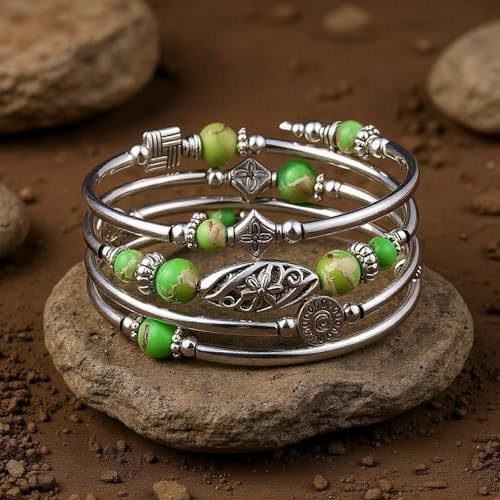 Boho Wrap Beaded Bracelet for Women – Handmade Natural Stone Jewelry – Stainless Steel Adjustable Ethnic Chic Gift - color: Green King Huangshi