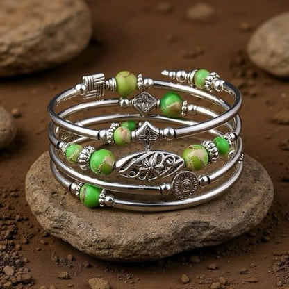 Boho Wrap Beaded Bracelet for Women – Handmade Natural Stone Jewelry – Stainless Steel Adjustable Ethnic Chic Gift - color: Green King Huangshi