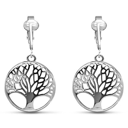 Silver Clip On Earrings For Women, They Look Pierced, Don't Pinch & Won't Fall Off, Hypoallergenic & Lightweight - color: Silver Tree of Life