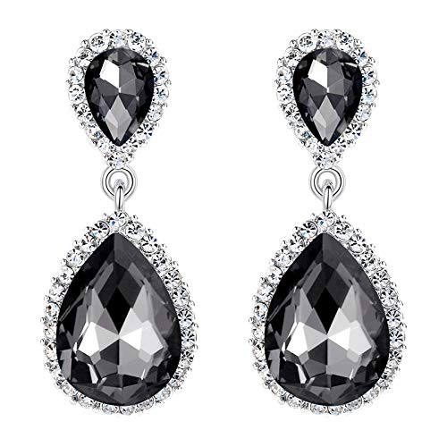 EVER FAITH Women's Austrian Crystal Wedding Tear Drop Dangle Earrings | Bridal Prom Jewelry for Bride Bridesmaid - color: Dark Grey
