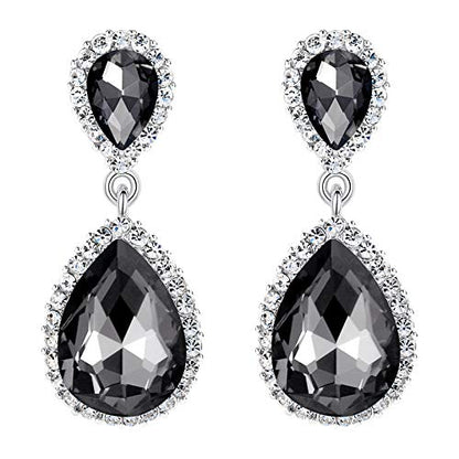 EVER FAITH Women's Austrian Crystal Wedding Tear Drop Dangle Earrings | Bridal Prom Jewelry for Bride Bridesmaid - color: Dark Grey
