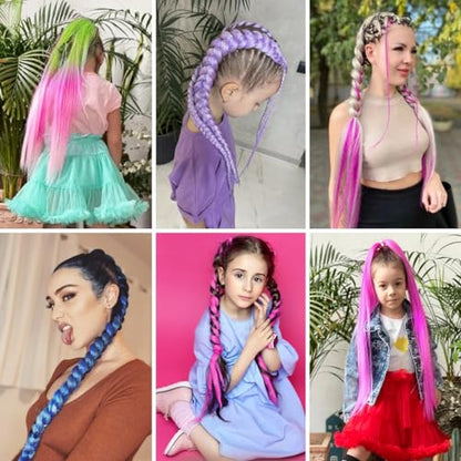Ponytail Extension with Hair Tie Straight Sleek Wrap Around Braid Ponytail | 2 Pack Braid Ponytail Extension, Green Pink Gradient 26 Inch Braid Extensions for Women (Green/Rose Pink/Light Pink#) - color: Green Pink#, size: 26 Inch（Pack of 2）