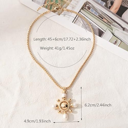 14K Gold Plated Two Sides Carved Stone Heart Shape Necklace for Women Love Pendant Necklace Jewelry for Daily and Gifts - color: Cross&pearl