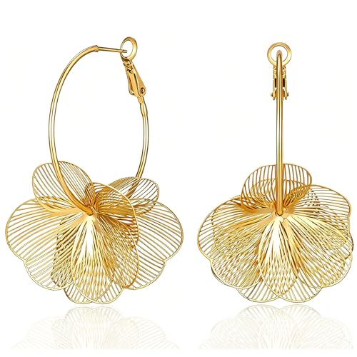 Gold Silver Flower Hoop Earrings for Women 14K Gold Plated Large Layered Flower Dangle Drop Earrings Wedding Party Holiday Birthday Gifts Lightweight Trendy Bohemian Jewelry Gift for Her - color: Gold