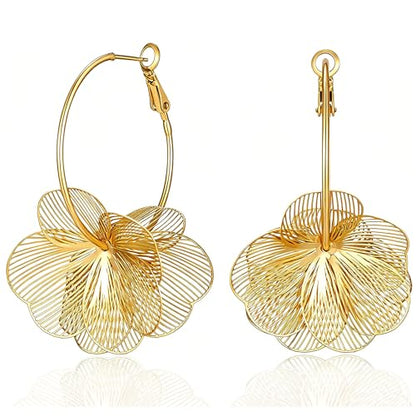 Gold Silver Flower Hoop Earrings for Women 14K Gold Plated Large Layered Flower Dangle Drop Earrings Wedding Party Holiday Birthday Gifts Lightweight Trendy Bohemian Jewelry Gift for Her - color: Gold