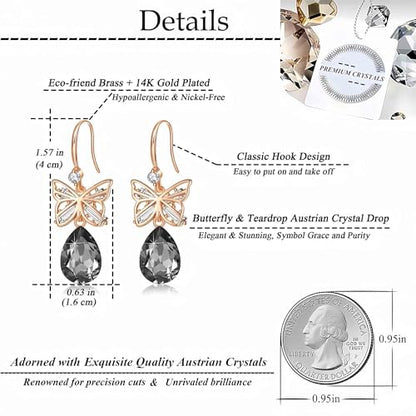 Austrian Crystal Teardrop Butterfly Drop Dangle Earrings for Women 14K Rose Gold Plated Hypoallergenic Jewelry - color: Grey-Black