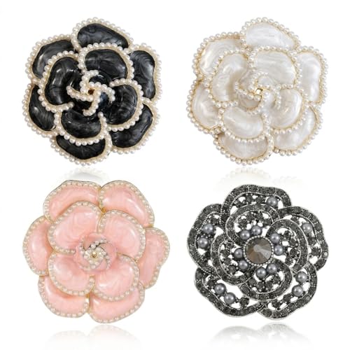 4 Pack Camellia Flower Brooch Pins for Women - Vintage Enamel Pearl Lapel Pin Set, Rhinestone Crystal Dress Suit Badges - Black White Pink Zinc Alloy Jewelry Gift