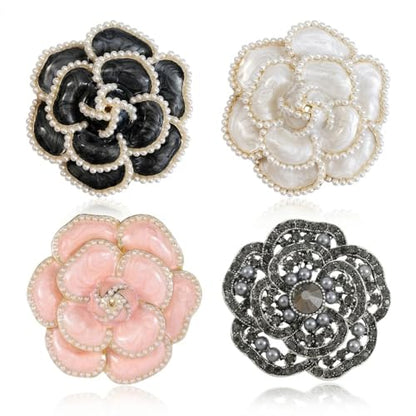 4 Pack Camellia Flower Brooch Pins for Women - Vintage Enamel Pearl Lapel Pin Set, Rhinestone Crystal Dress Suit Badges - Black White Pink Zinc Alloy Jewelry Gift