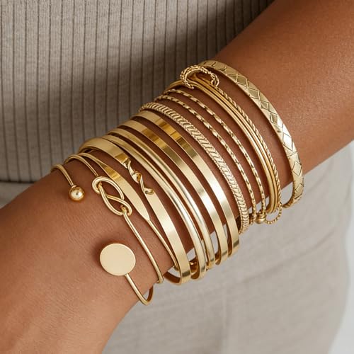 ÌF ME Gold Bangle Bracelets for Women, 19Pcs Multi Stackable Textured Bangles Set, 14K Gold Plated Chunky Bracelet Boho Jewelry Gifts - color: Gold-knot