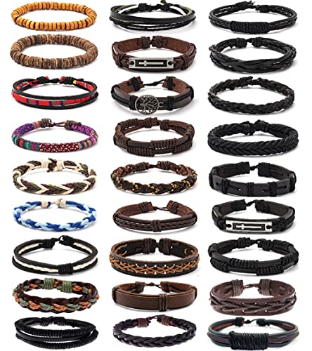 MOZAKA 27Pcs Braided Leather Bracelets for Men Women Ethnic Tribal Bracelets Leather Bracelets Wristband Woven Cuff Wrap Friendship Bracelets Adjustable
