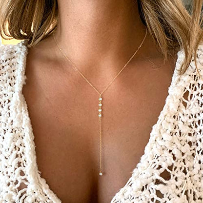 Foxgirl Lariat Gold Necklace for Women, Dainty Long Necklace 14k Gold Plated/Silver Y-Shaped Pendant Necklace Trendy Layered Cz Beaded Chain Drop Necklaces Simple Gold Jewelry For Women Gift - color: Y CZ Lariat Necklace-GD