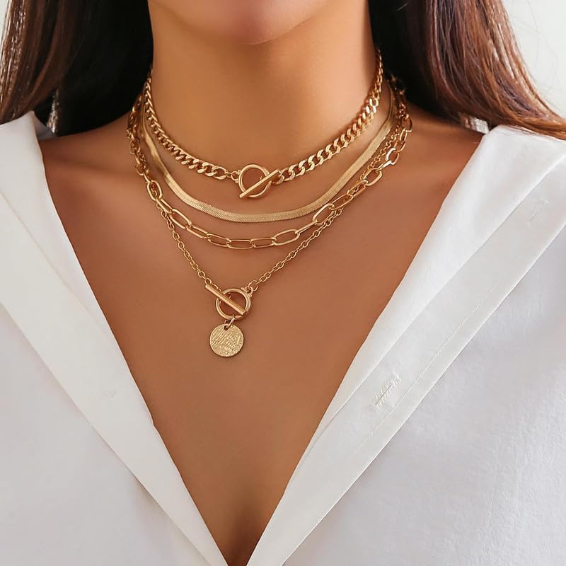 Layered Gold Necklace Set with Coin Pendant Boho Beaded Design Adjustable Chain Jewelry for Everyday Stacking Accessories - color: D