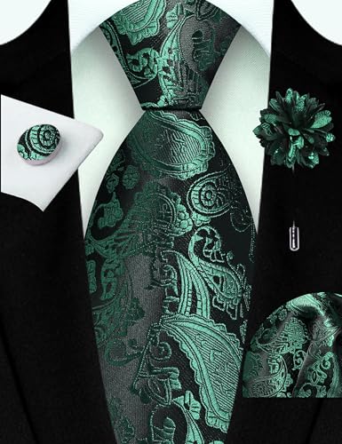 GUSLESON 3.15"（8cm） Mens Paisley Tie and Lapel Pin Necktie Hankerchief Cufflinks Set for Men - color: Dark Green-2