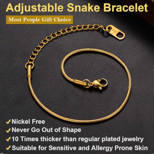 ChainsHouse Stainless Steel Herringbone Flat Chain Bracelets for Women,18K Gold/Rose Gold/Black Metal Paperclip/Snake/Cuban/Figaro Sterling Silver Link Charm Bracelet, 16+5cm Adjustable, With Gift Box - color: d. snake-gold
