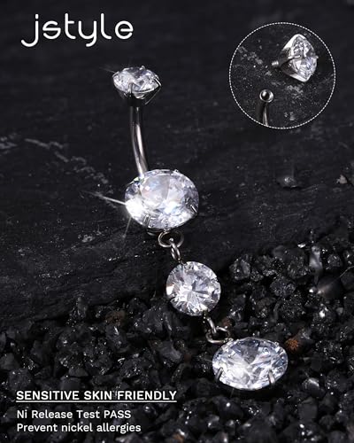 Jstyle G23 Titanium Belly Button Rings for Women 14G Internal Threaded | 14G Dangling Navel Ring, Hypoallergenic Belly Button Bar with Spacking AAAAA+ Cubic Zirconia, 10mm Bar Length Belly Piercing - color: Silver Tone: Dangling