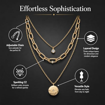 3 Pcs Layered Necklaces for Women, Stackable Statement Jewelry | Trendy stackable jewelry set! 3 separate lightweight chains. Perfect statement gift for women to elevate any daily outfits. - color: Yellow Gold (Coin Stack)