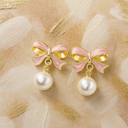Gold Bow Earrings for Women, Long Tassel Chain Drop Earrings, Trendy Small Bow Earrings, Ribbon Waterfall Dangling Earrings, Pearl Bow Earrings, Sparkly Elegant Bowknot Preppy Jewelry Gifts for Women - color: Pink Bow-K