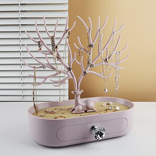 MORE&LESS Antlers Jewelry Display Stand with Drawer and Crystal Handle, Tree Tower Rack Hanging Organizer for Ring Earrings Necklace Bracelet - color: C Light Pink-Drawer-Crystal Handle