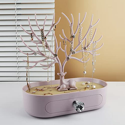 MORE&LESS Antlers Jewelry Display Stand with Drawer and Crystal Handle, Tree Tower Rack Hanging Organizer for Ring Earrings Necklace Bracelet - color: C Light Pink-Drawer-Crystal Handle
