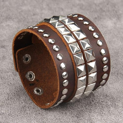 Jeilwiy Punk Leather Wristbands for Men Bracelets Handmade Wide Cuff Bangle Braided Jewelry Black Brown Adjustable - Punk Father's Gifts - color: 01 Leather Cuff Bracelet Brown