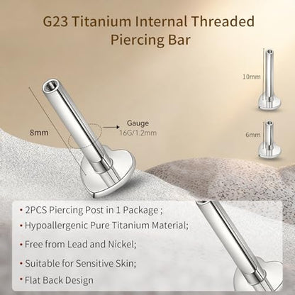 limerencia 16G/18G Hypoallergenic Internal Threaded Titanium Bar Post Replacement,Flat Back Stud Earrings Post Medusa Helix Couch Labret Bar for Women Men Sensitive Ears(A Pair) - color: silver heart, size: 16G-8mm
