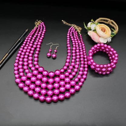 Faux Big Pearl Srand Necklaces for Women 5 Layers Pearls Choker Bib Collar Necklace Bracelet and Earrings set 1920s Costume Pearl Jewelry Bridal Wedding - color: fuchsia
