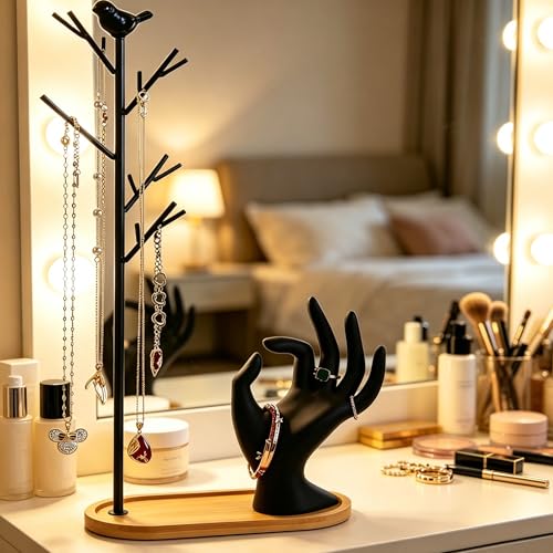 Branch Jewelry Rack Organizer for Ring Earrings Necklace Bracelet,Suitable for Living Rooms, Bathrooms,Offices,etc. - Black Velvet Hand - color: B Black