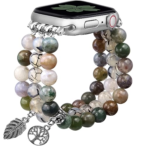 Newlibery Natural Stone Bracelet Beaded-Band Women Compatible with Apple Watch 42mm(S3/2/1) 44/45/46/49mm Feminine Handmade Stretch Strap for iWatch Series 11/10/9/8/7/6/5/4/3/2/1 SE 3/2/1 Ultra1/2/3 - color: A2 Rhyolite jasper, size: 46(s10/11)/49/45/44/