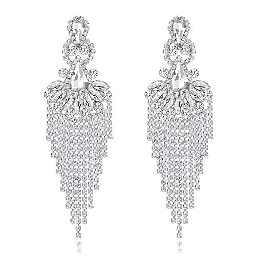 Silver Rhinestone Crystal Bridal Chandelier Long Tassels Dangle Earrings for Wedding - color: E-5
