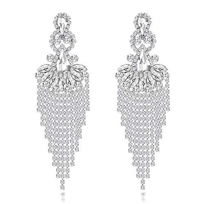 Silver Rhinestone Crystal Bridal Chandelier Long Tassels Dangle Earrings for Wedding - color: E-5