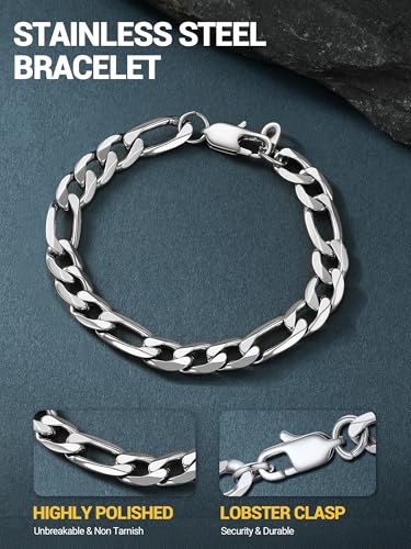 PROSTEEL Bracelets for Men, Figaro/Cuban Mens Bracelet, Silver/Gold/Black | 6/9/13mm Width, 7.5/8.3/9" Length, Stainless Steel Mens Bracelet, Durable & Non Tarnish, Chunky Jewelry with Gift Box - style: B 9mm-Figaro-Sliver