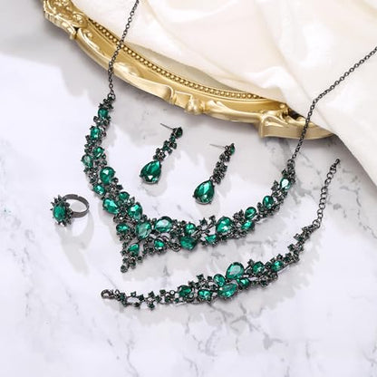 Wedding Bridal Jewelry Set for Women Bride Bridesmaids | Gorgeous Austrian Crystal Teardrop Cluster Statement Necklace Dangle Earrings Link Bracelet Set Prom Jewellery - color: 4Pcs- Emearld Color Black-Tone