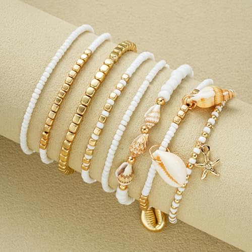 Qceasiy Starfish Ankle Bracelets for Women, Boho Beaded Beach Anklets Set | Gold-plated layered anklets in seashell, disc, and conch styles, with stretch or adjustable fits for summer beach outfits. - color: Gold 2