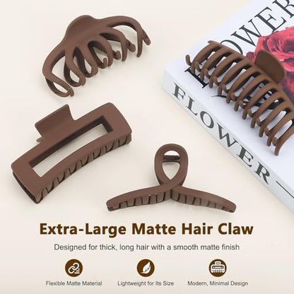 Matte 5 Inch Large Hair Clips for Thick Hair, Brown, 4 Pack | Extra large hair claw clips in brown, designed for secure hold and everyday styling - color: Matte: Brown