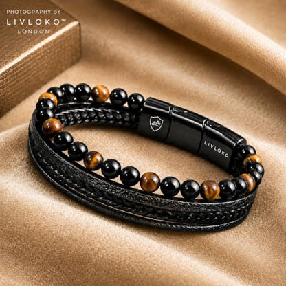 LONDON Mens Bracelet Leather Black Multi-Layer Stone Beads Adjustable Steel Clasp Viking Rope Bands Surfer Man Wristband Male UK Jewellery Gift box Boyfriend Dad Son Brother Tiger Eye - color: A. 19-22cm Black Leather Tiger-Eye Adjustable, size: Large to