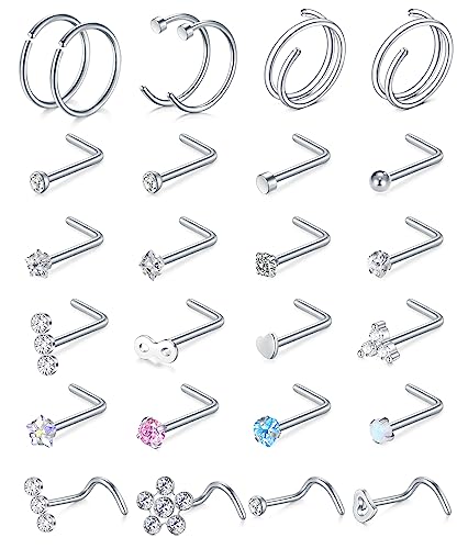 Longita 20g Nose Rings Hoop L Shape Nose Studs Stainless Steel Nose Screw Bone Flat Top Diamond Opal Heart High Nostril Piercing Jewelry Silver Rose Gold Black Pack for Women Men - color: 51-20g-silver
