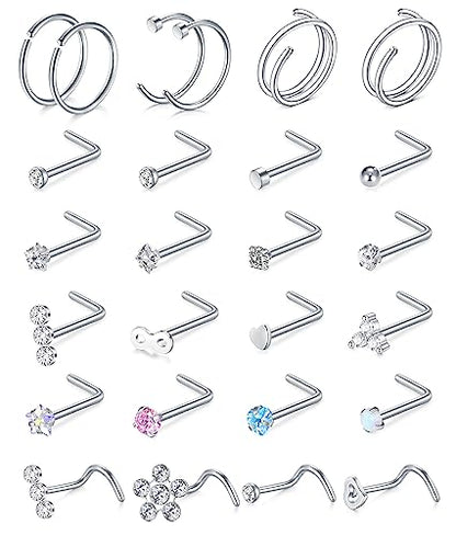 Longita 20g Nose Rings Hoop L Shape Nose Studs Stainless Steel Nose Screw Bone Flat Top Diamond Opal Heart High Nostril Piercing Jewelry Silver Rose Gold Black Pack for Women Men - color: 51-20g-silver
