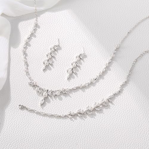 EleQueen Women's Simulated Pearl Wedding Jewelry Set for Brides | Cubic Zirconia Necklace Earrings Bracelet Set for Brides Bridesmaids, Bridal Jewelry Set for Anniversary/Memorial Day - style: Pearl Jewelry Set Silver-Tone