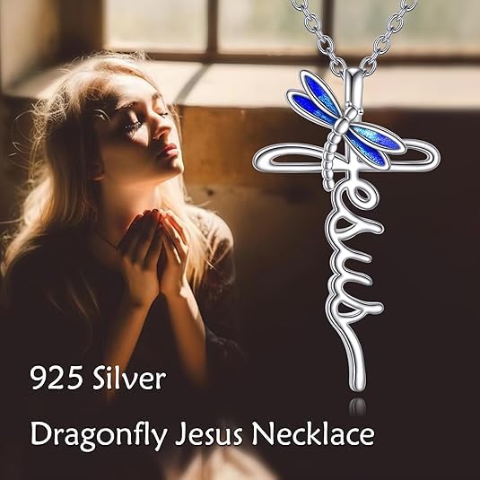 POPLYKE Cross Necklace for Women 925 Sterling Silver Cross Pendant Necklace Animal Jewelry Christmas Gifts for Women Mother Grandma - style: Dragonfly Jesus Cross
