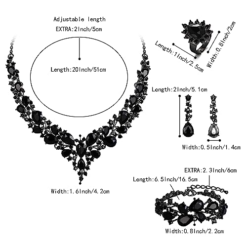 Wedding Bridal Jewelry Set for Women Bride Bridesmaids | Gorgeous Austrian Crystal Teardrop Cluster Statement Necklace Dangle Earrings Link Bracelet Set Prom Jewellery - color: 4Pcs-Black