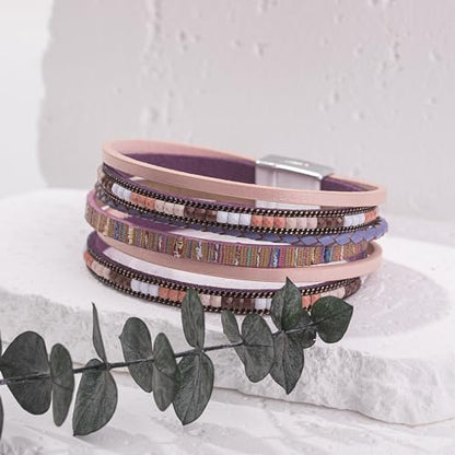 Boho Layered Leather Wrap Bracelets Chunky Western Country Hippie Jewelry | Stackable Bohemian Cowgirl Magnetic Clasp Cuff Bangle Set Fashion Stack Statement Festival Trendy Jewelry Gifts for Women - color: Pink